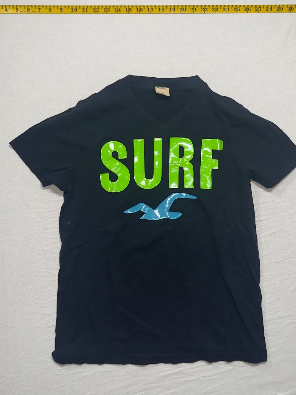 Y2K Hollister Black V‑Neck Rash Guard with Green SURF and Blue Logo